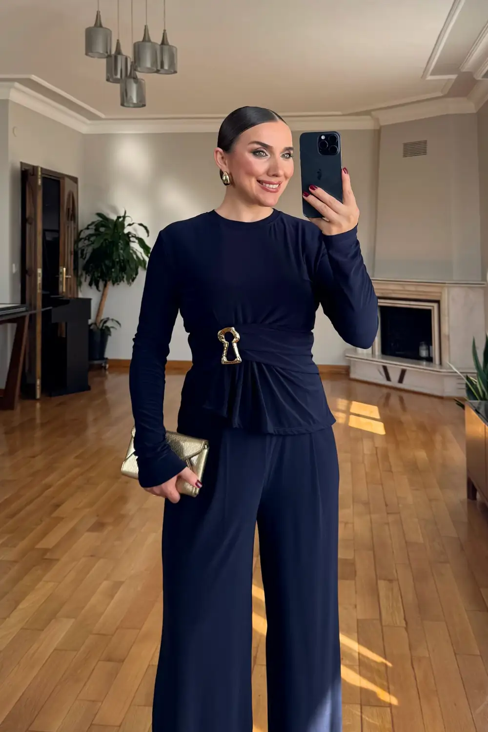 Toka Detaylı Bluz Pantolon Kadın Takım - Lacivert