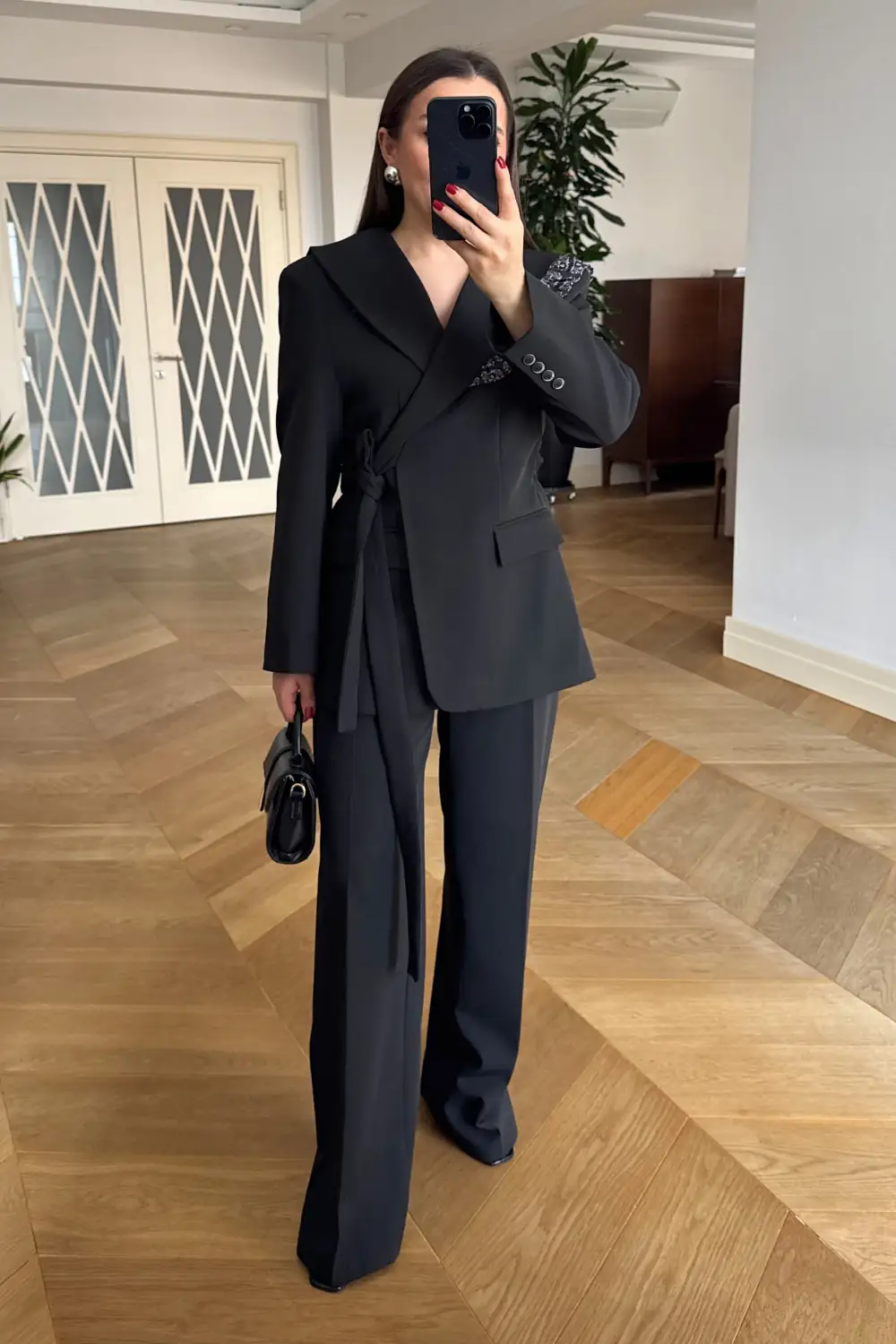 Pelerin Detaylı Blazer Ceket Pantolon Kadın Takım - SİYAH