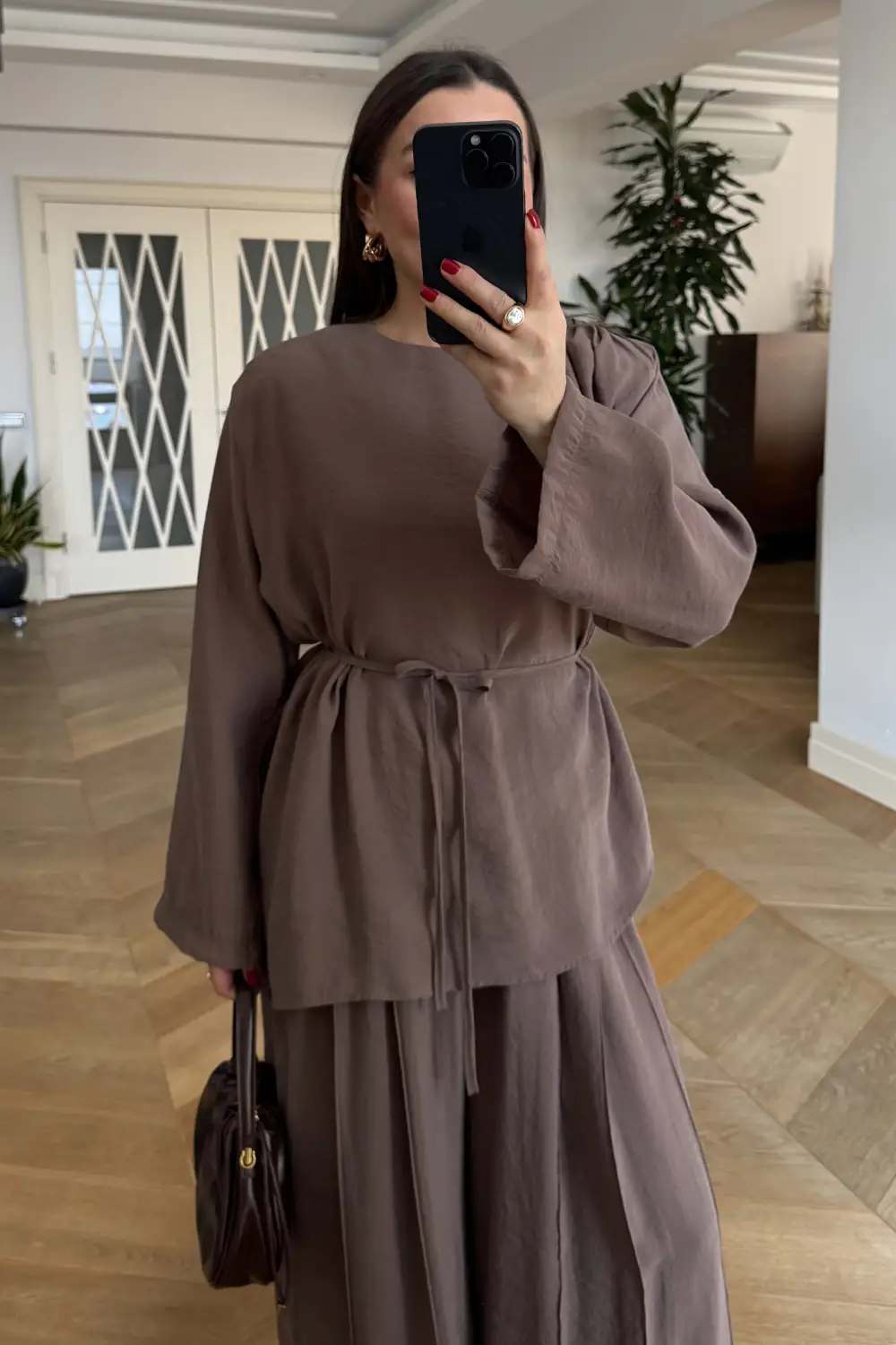 Pile Detaylı Bluz Pantolon Takım - Kahverengi