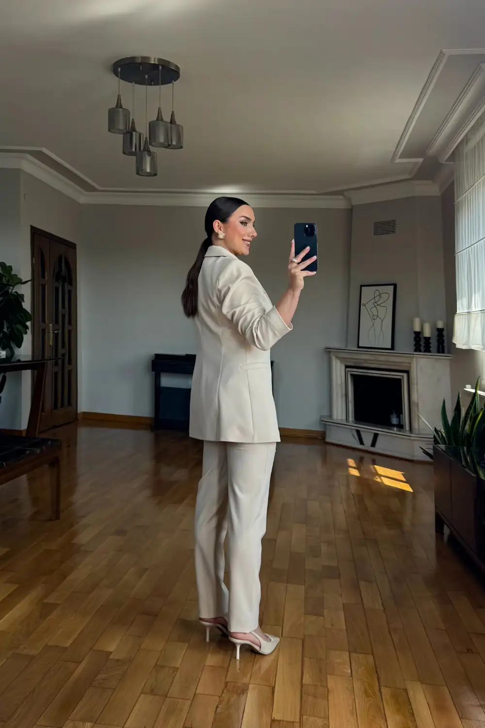 Tek Düğme Blazer Ceket Pantolon Kadın Takım - Bej