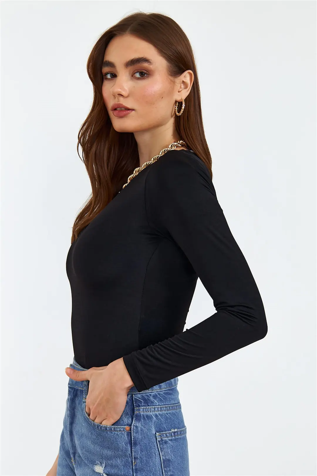 V Yaka Uzun Kollu Body Suit