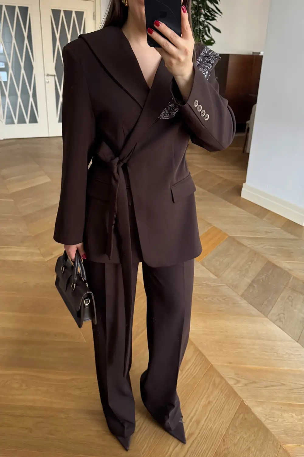 Pelerin Detaylı Blazer Ceket Pantolon Kadın Takım - Kahverengi