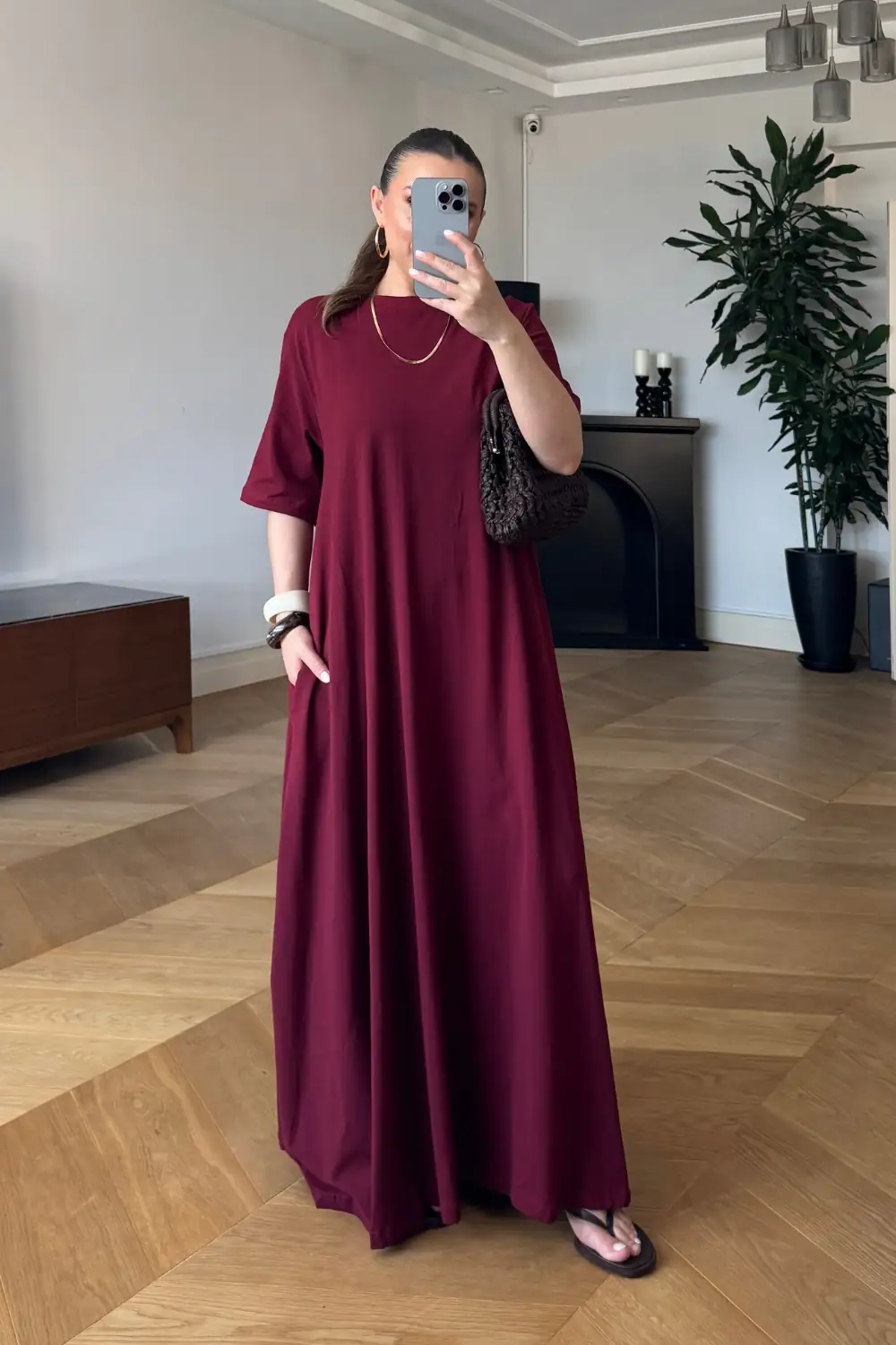 Bisiklet Yaka Kısa Kollu Uzun Elbise - BORDO