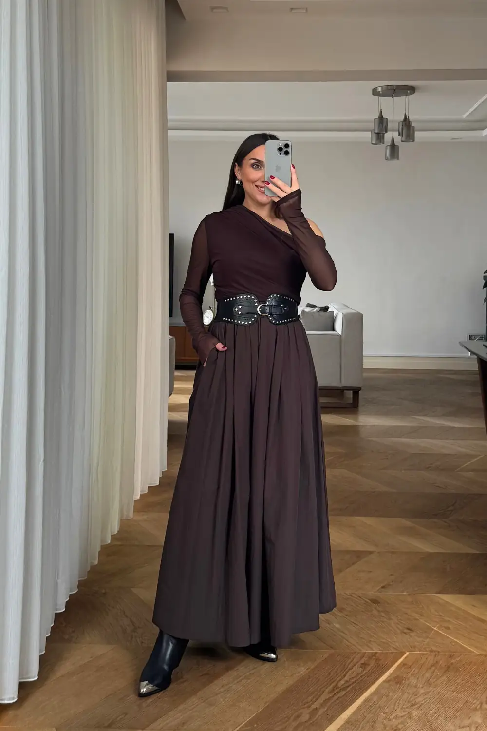 Beli Lastikli Uzun Poplin Etek - Acı Kahve