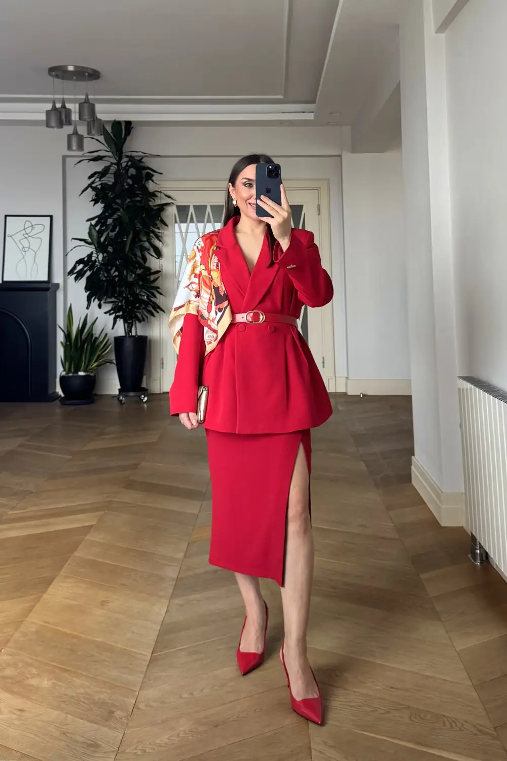 Kemerli Blazer Kadın Ceket - Kırmızı