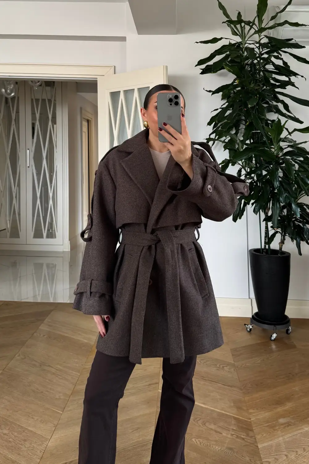 Kruvaze Yaka Kaşe Kadın Kaban 7