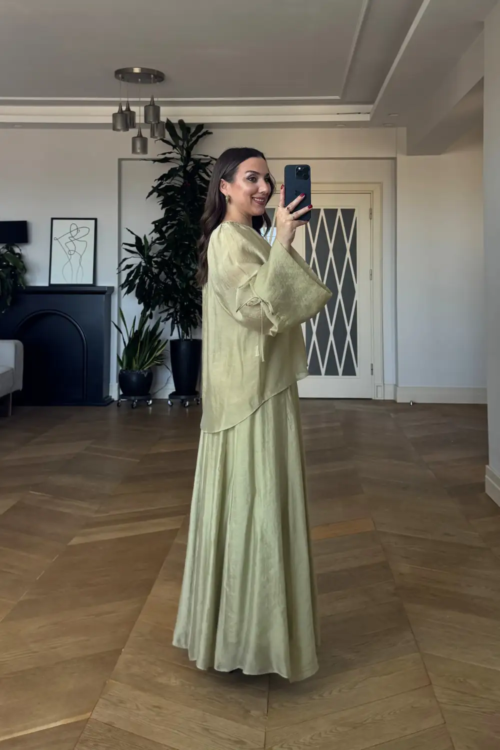 Büzgü Detaylı Bluz Etek Tencel Takım - Yeşil
