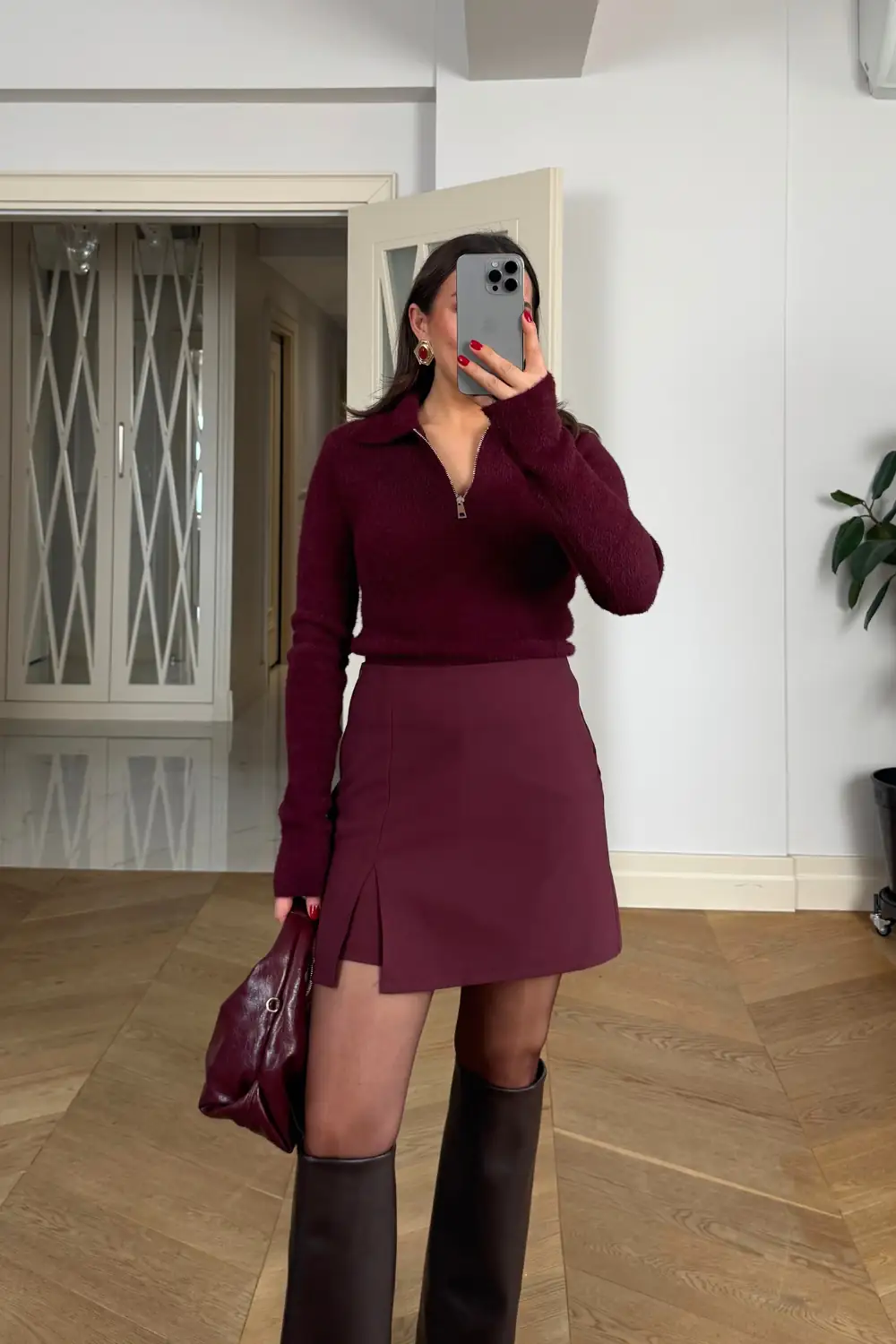 Yırtmaç Detaylı Mini Şort Etek - BORDO