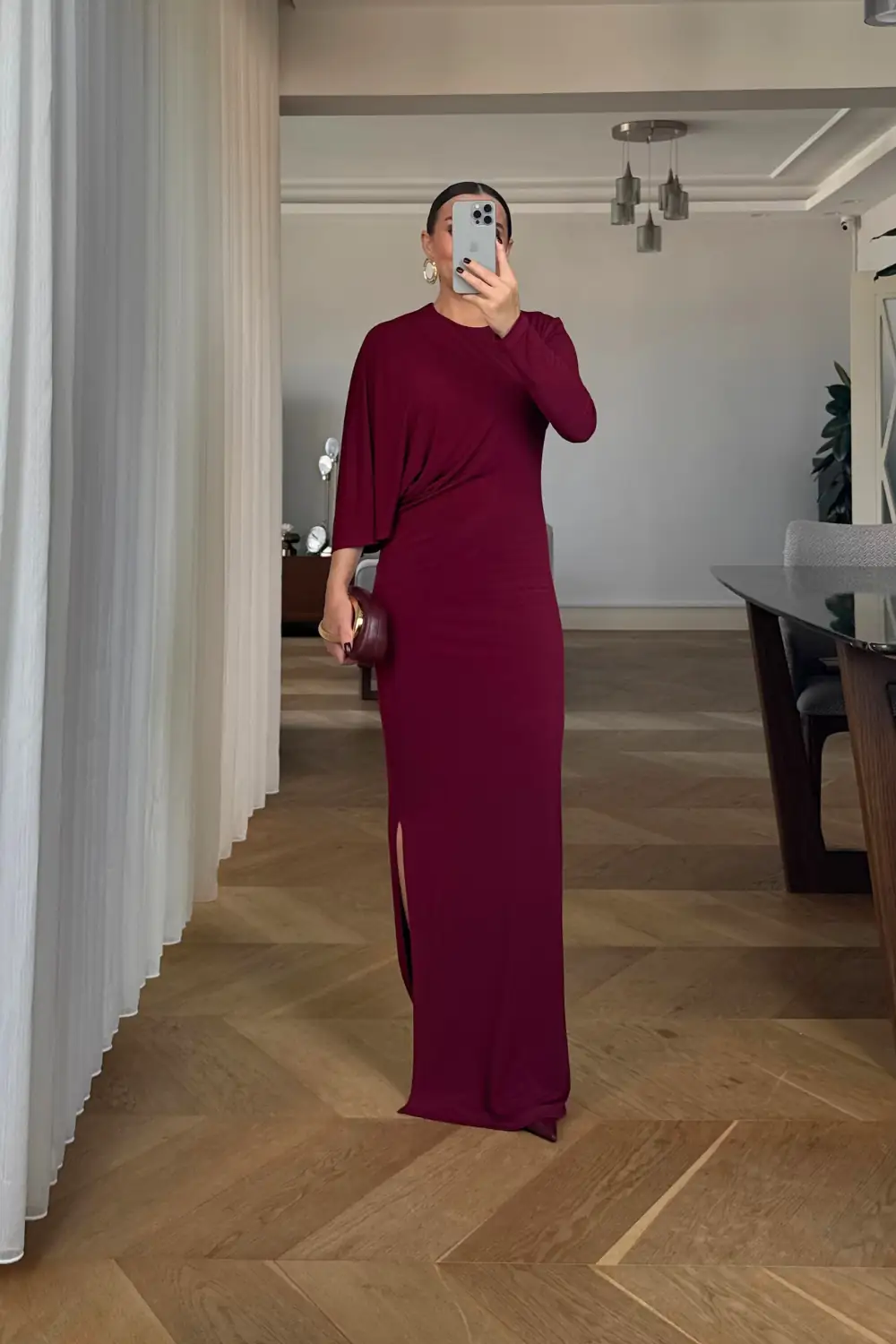 Yarasa Tek Kol Detaylı Uzun Elbise 2