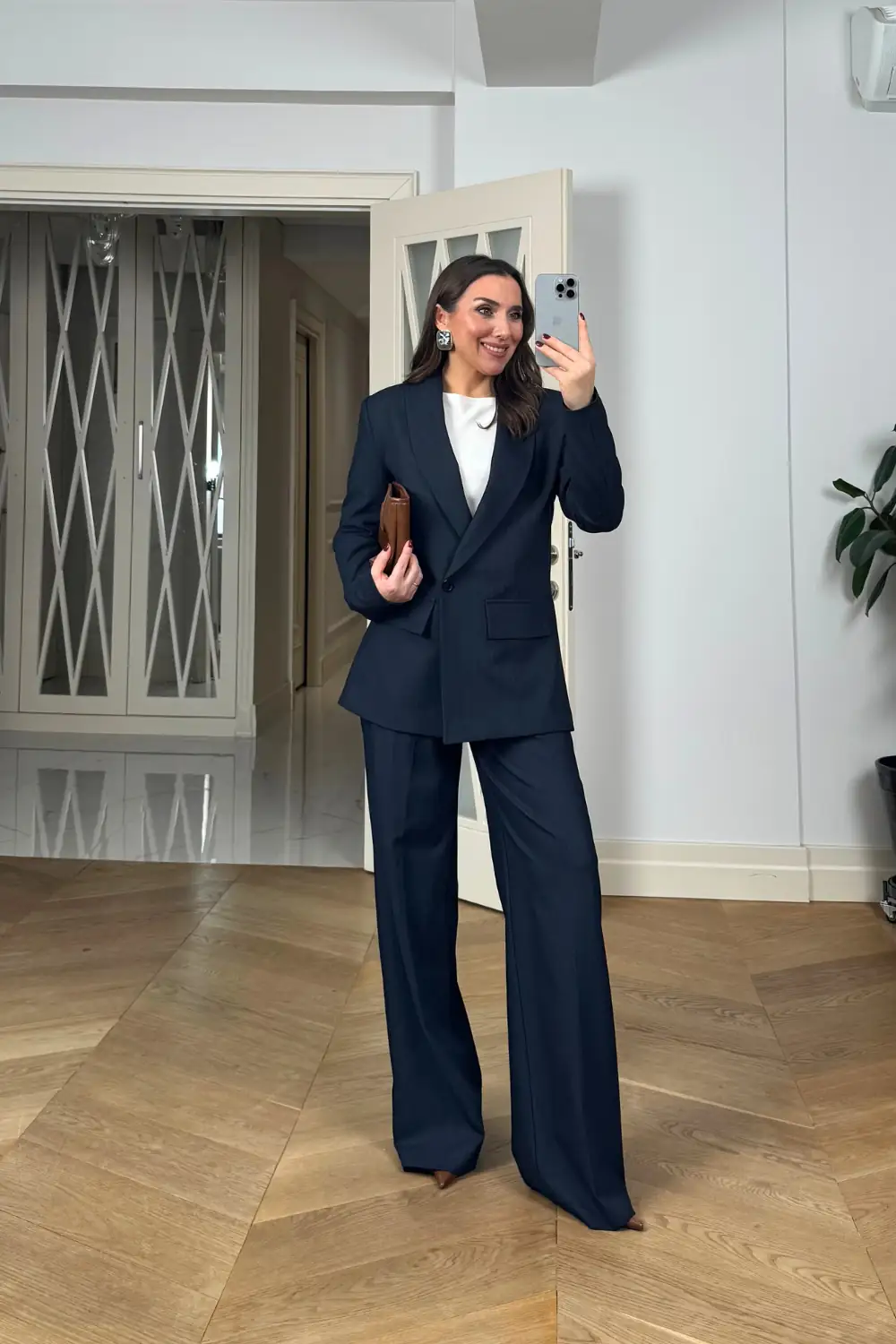 Kruvaze Çizgili Blazer Ceket Pantolon Kadın Takım - Lacivert