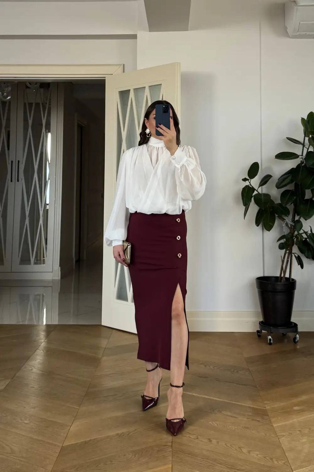 Yırtmaçlı Düğme Detaylı Midi Kalem Etek - BORDO