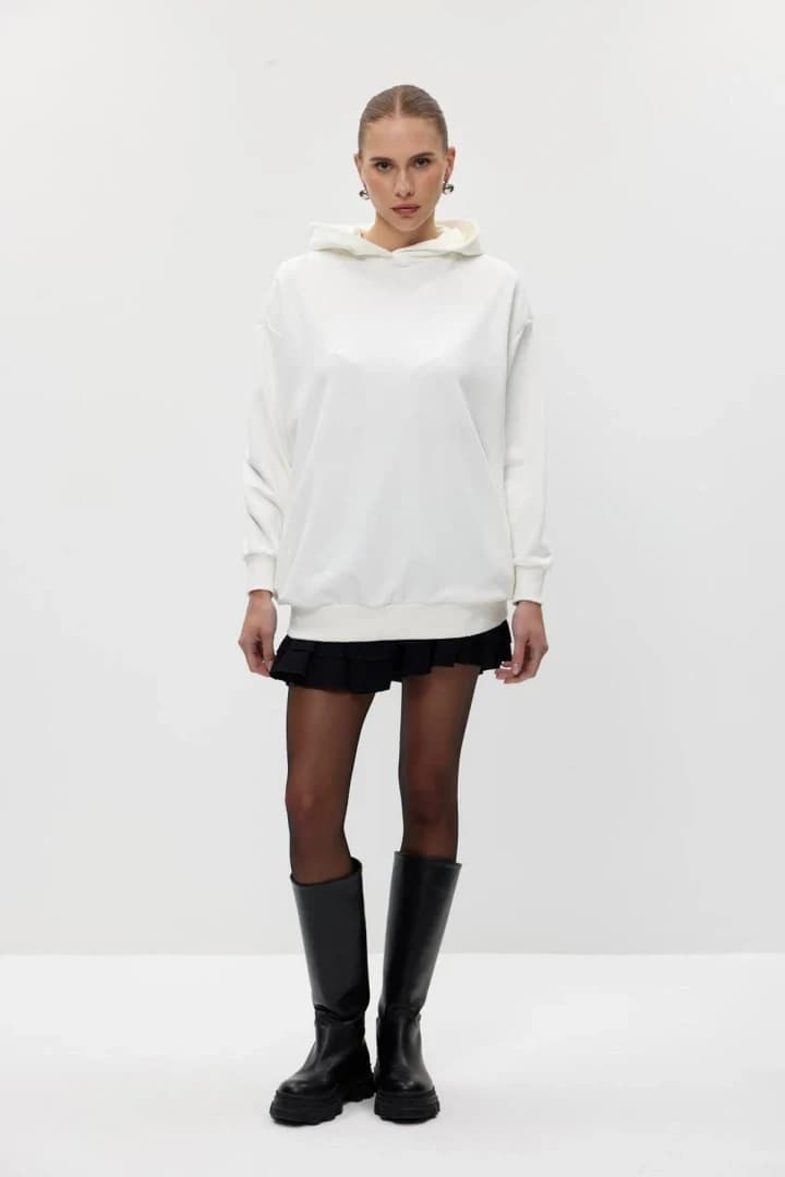 Basic Kapüşonlu Kadın Sweatshirt - Ekru
