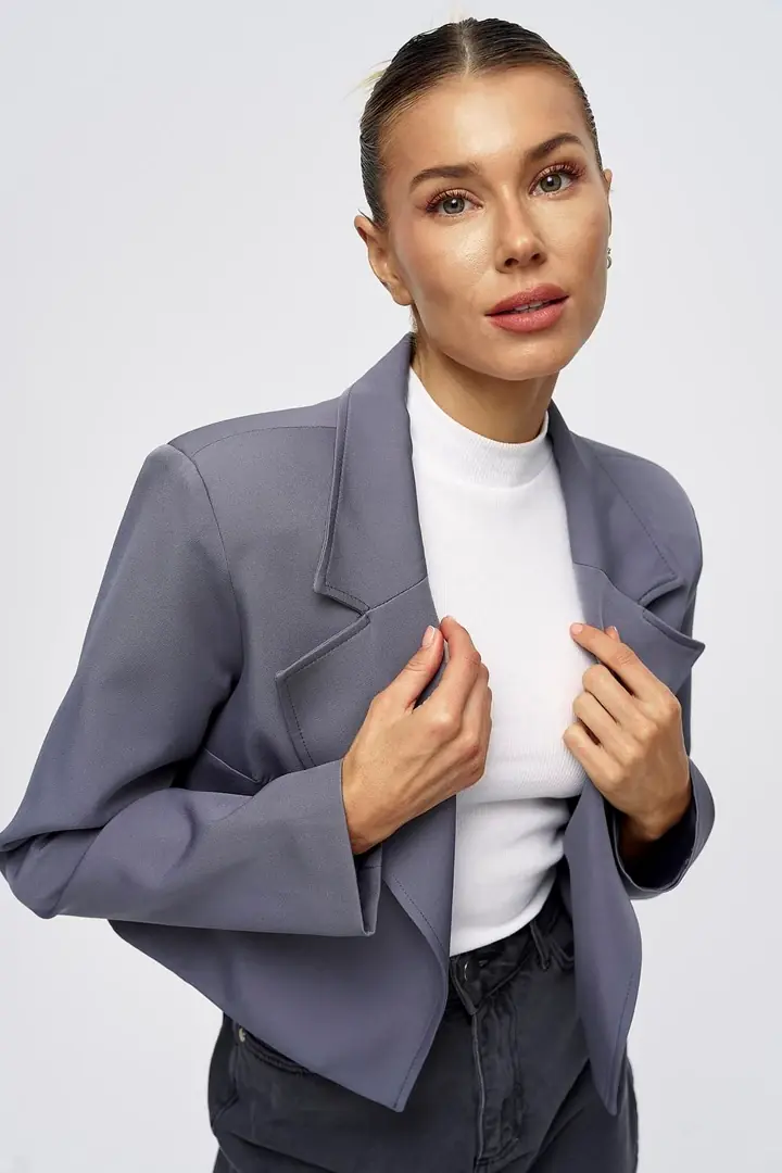 Vatkalı Blazer Crop Kadın Ceket - Gri