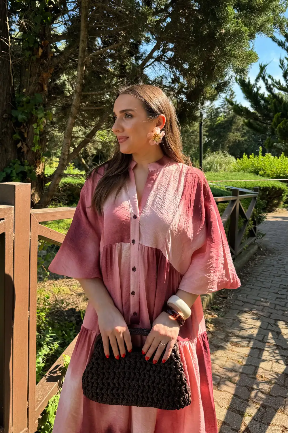 Hakim Yaka Balon Kol Desenli Uzun Elbise 3
