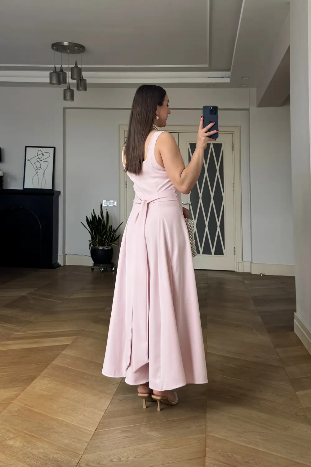 Kare Yaka Askılı Midi Elbise - Pudra Pembe