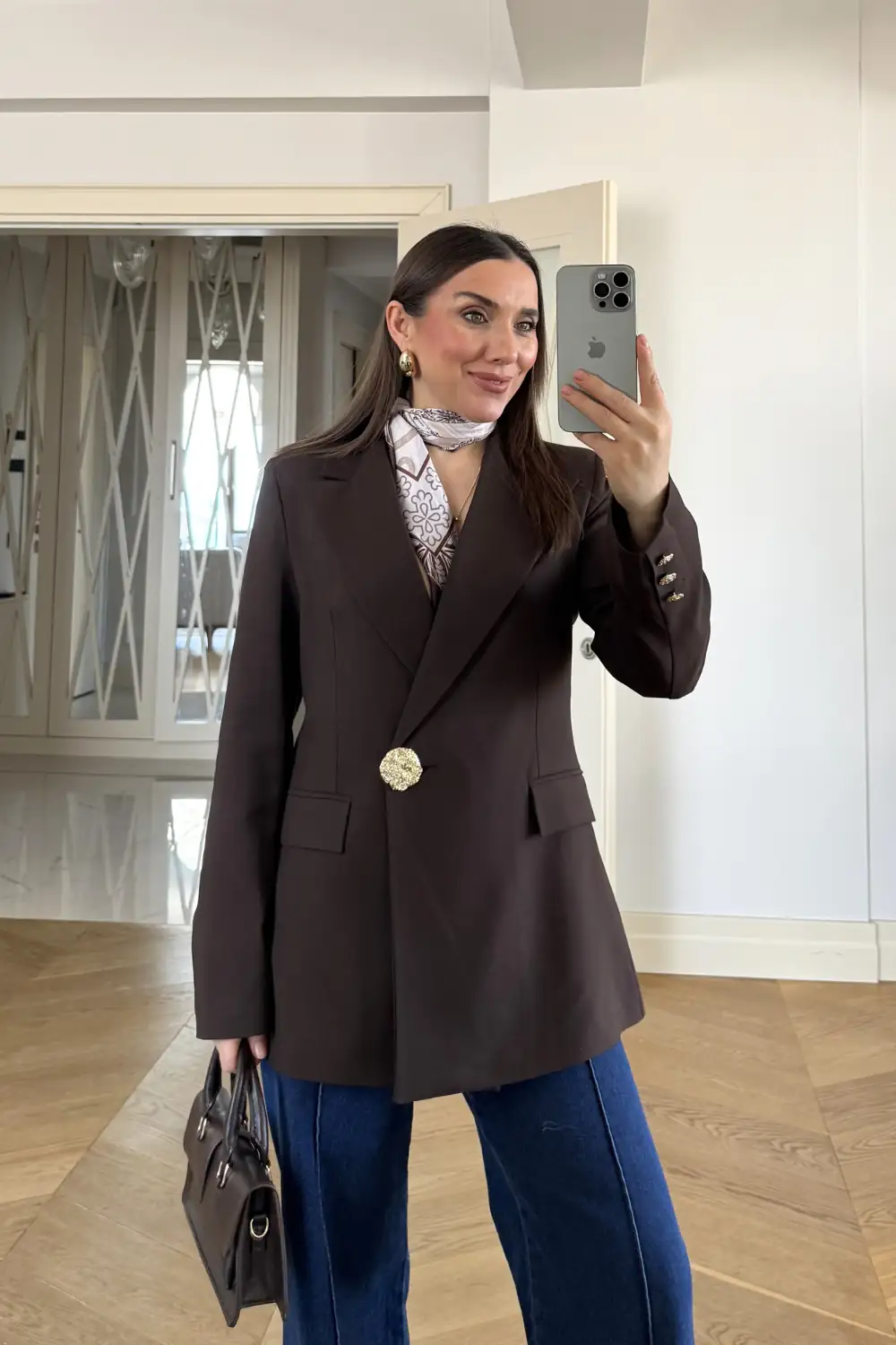 Gold Düğmeli Blazer Kadın Ceket - Kahverengi