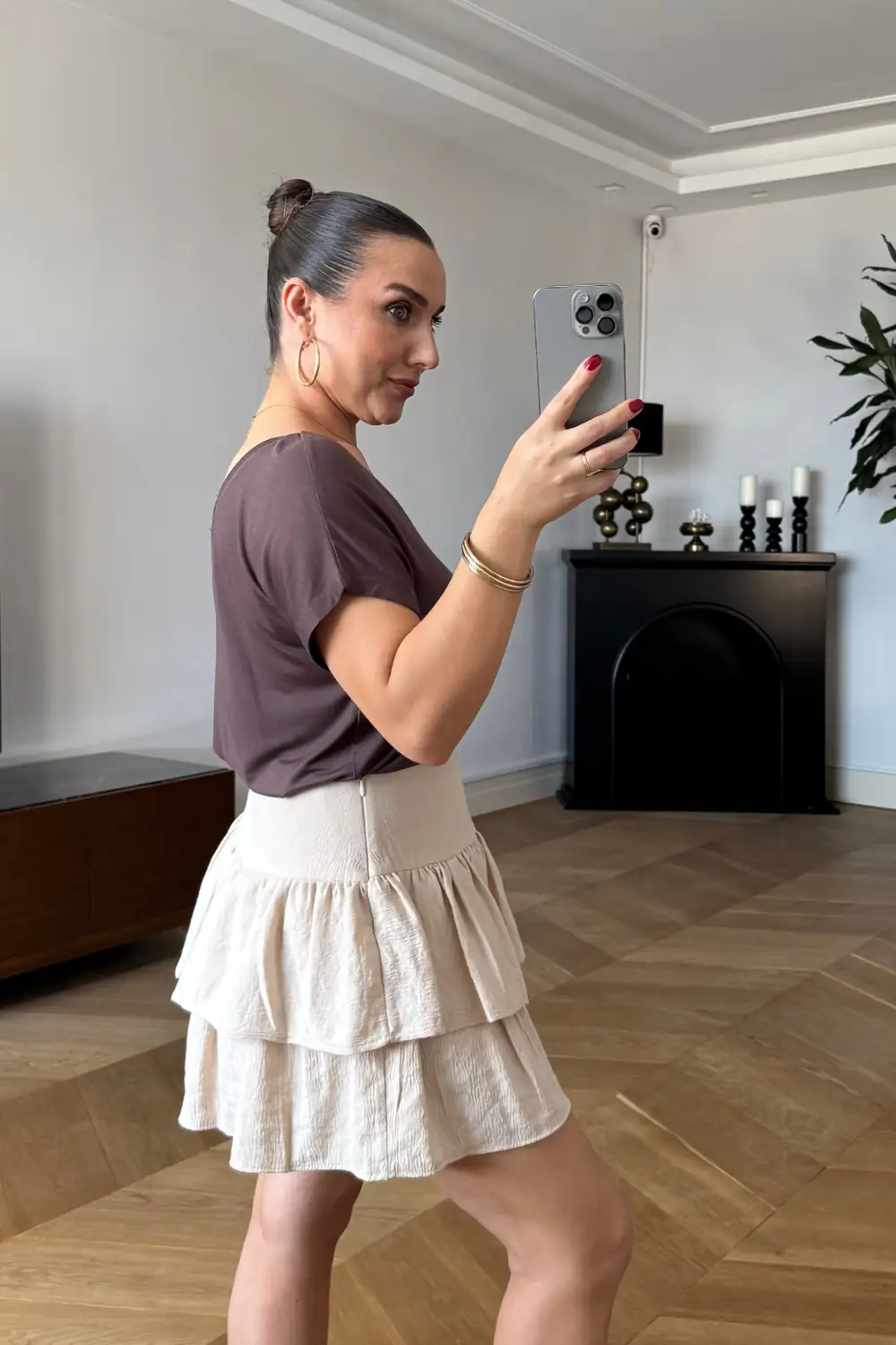 Volanlı Mini Şort Etek - Bej