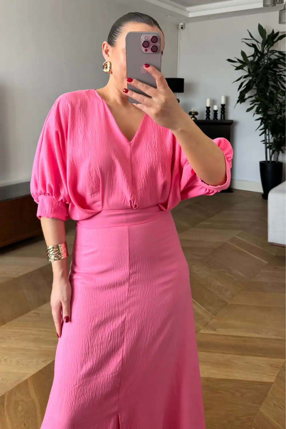 V Yaka Kısa Kollu Uzun Elbise - Koyu Pembe