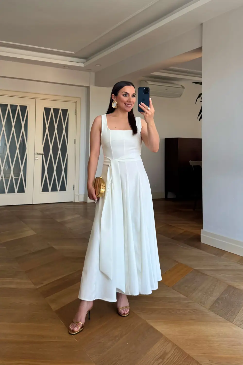 Kare Yaka Askılı Midi Elbise 1