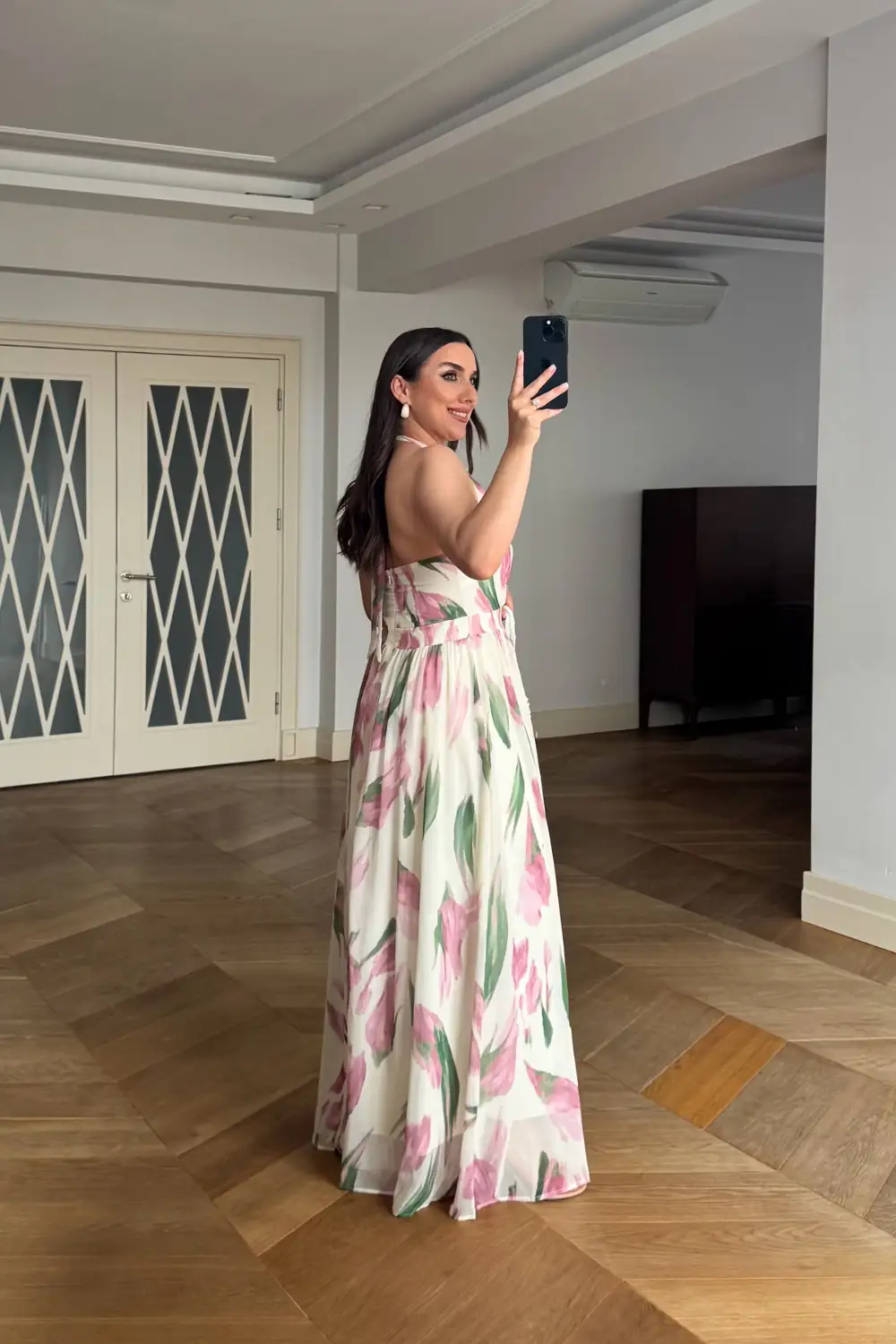 Boyundan Bağlamalı Desenli Uzun Elbise - Pudra Pembe