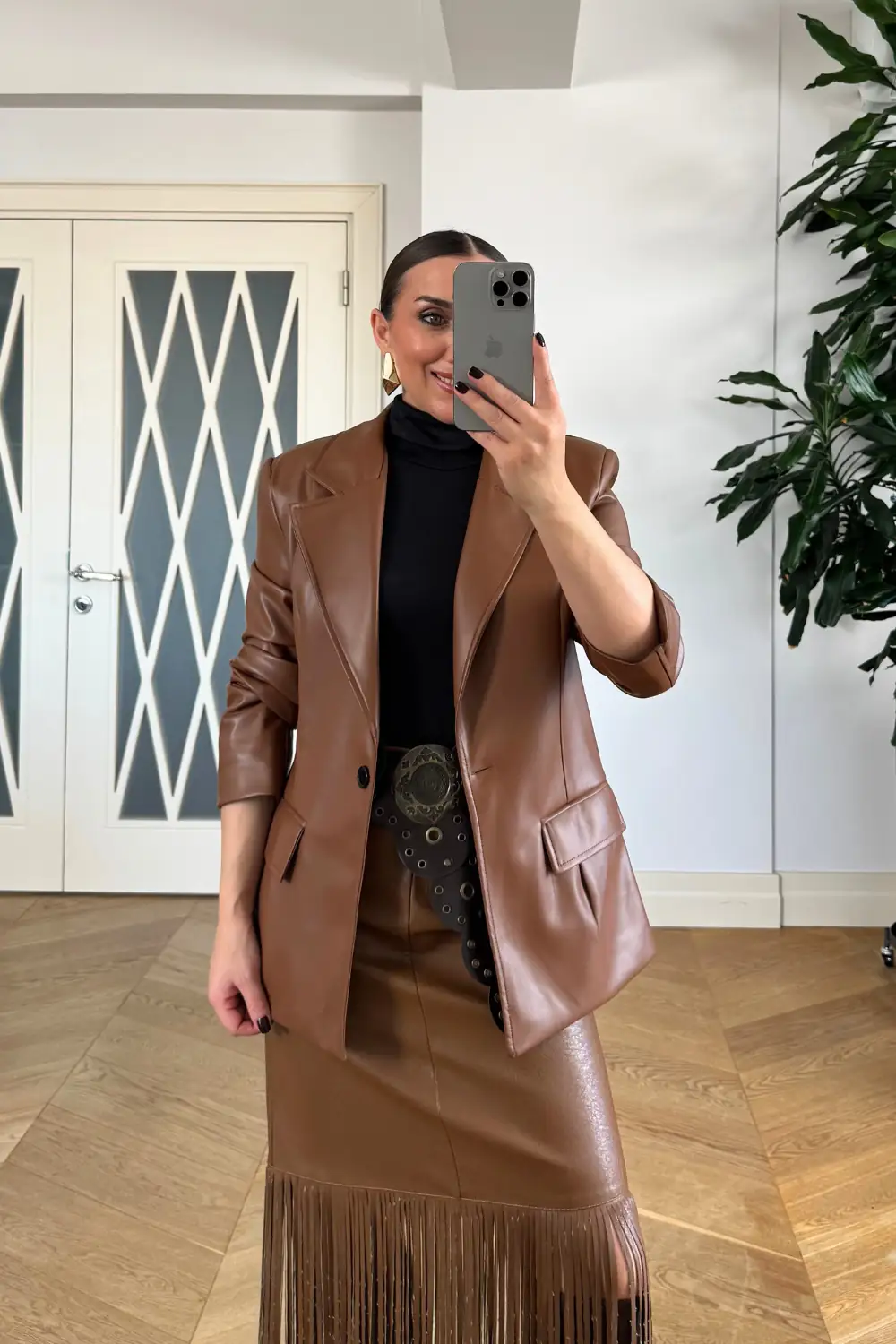 Suni Deri Blazer Kadın Ceket - Taba