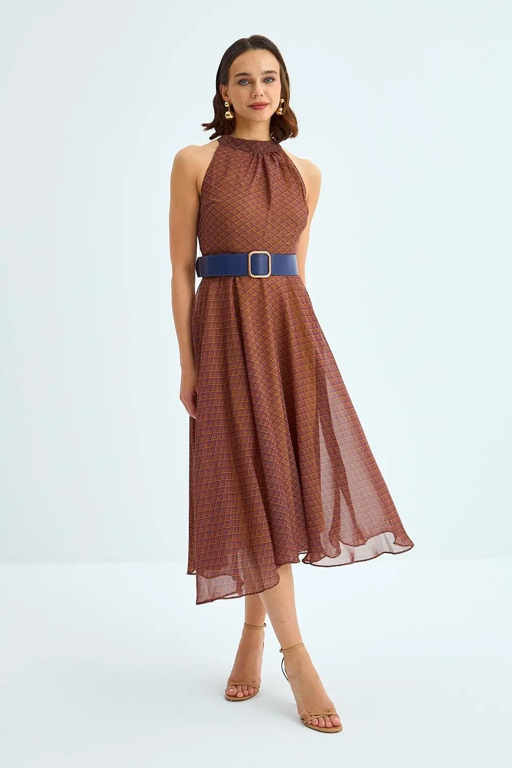 Halter Yaka Kemerli Midi Şifon Elbise 5