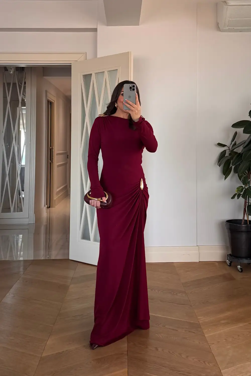 Toka Detaylı Büzgülü Uzun Kollu Elbise 6