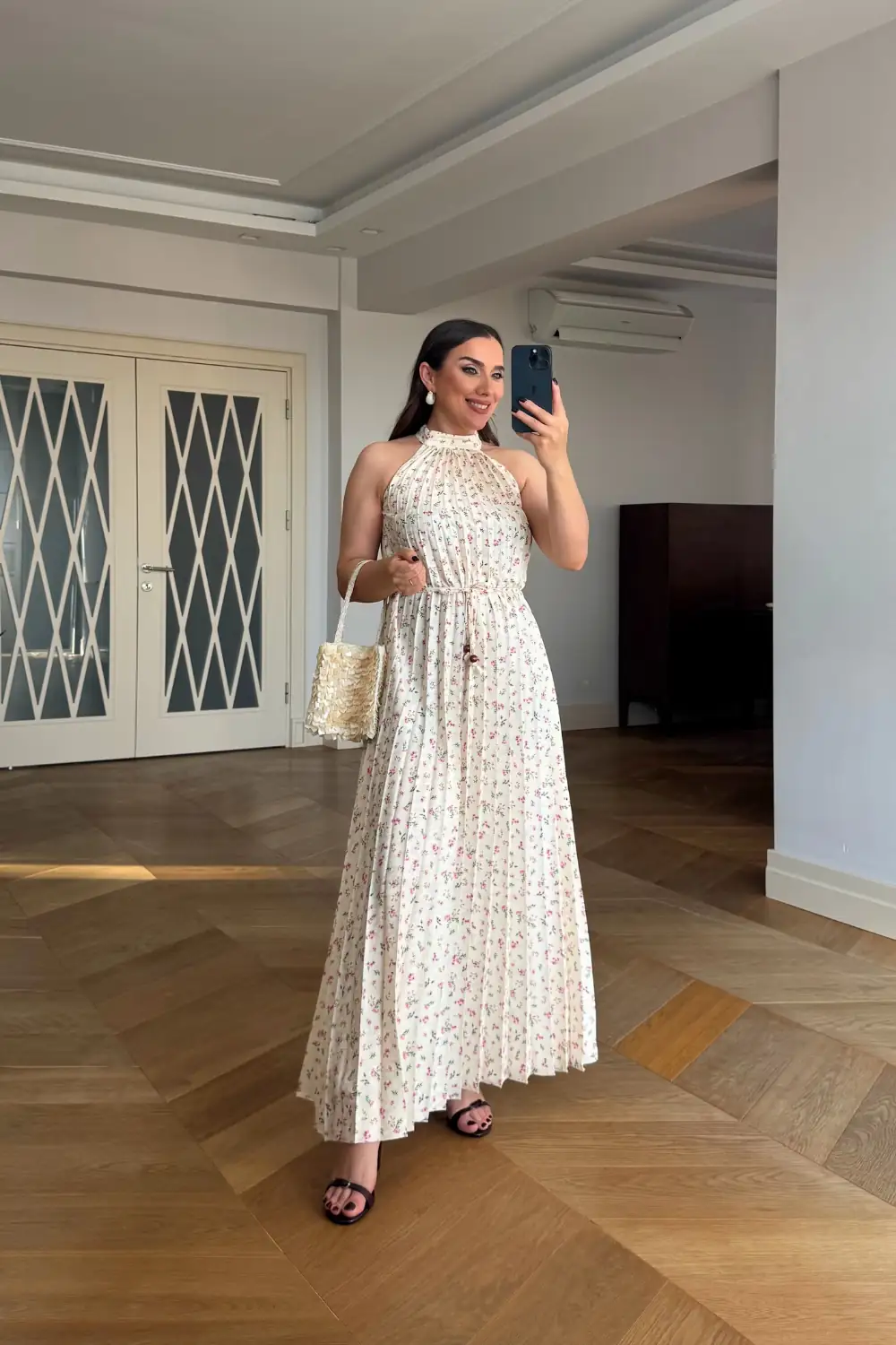 Halter Yaka Çiçek Desenli Midi Elbise - Sarı