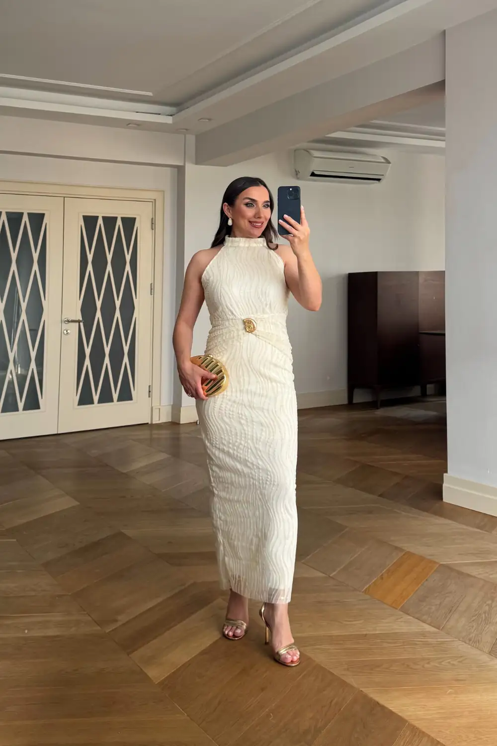 Halter Yaka Bağlamalı Tül Uzun Elbise 4