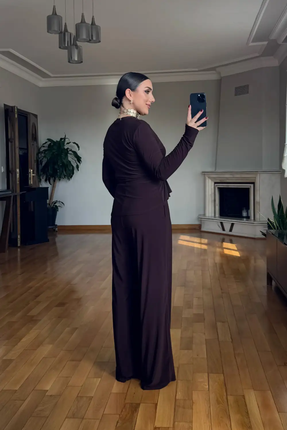 Toka Detaylı Bluz Pantolon Kadın Takım - Kahverengi