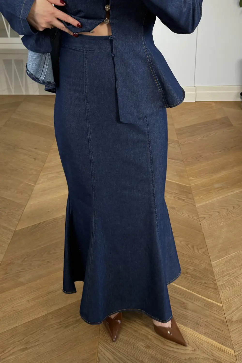 Vücüda Oturan Gömlek Etek Denim Takım 6