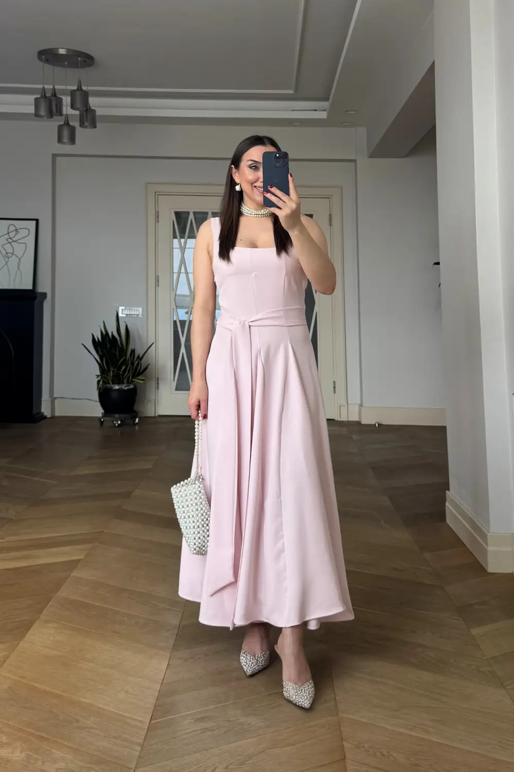 Kare Yaka Askılı Midi Elbise - Pudra Pembe