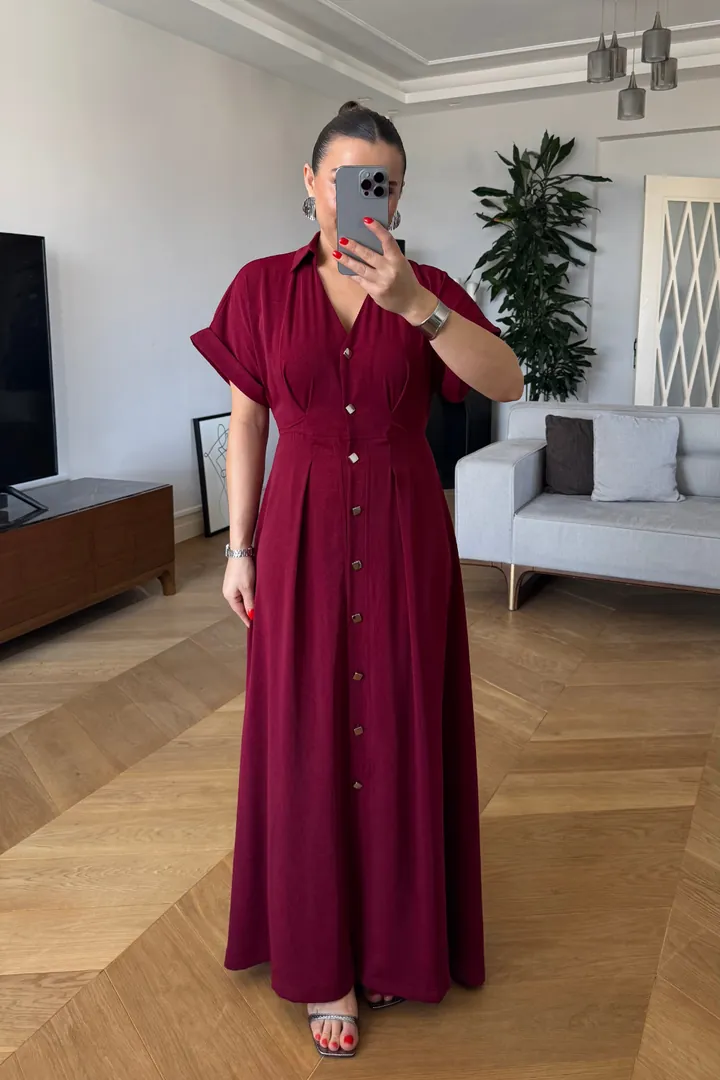 Kısa Kollu Uzun Gömlek Elbise - BORDO