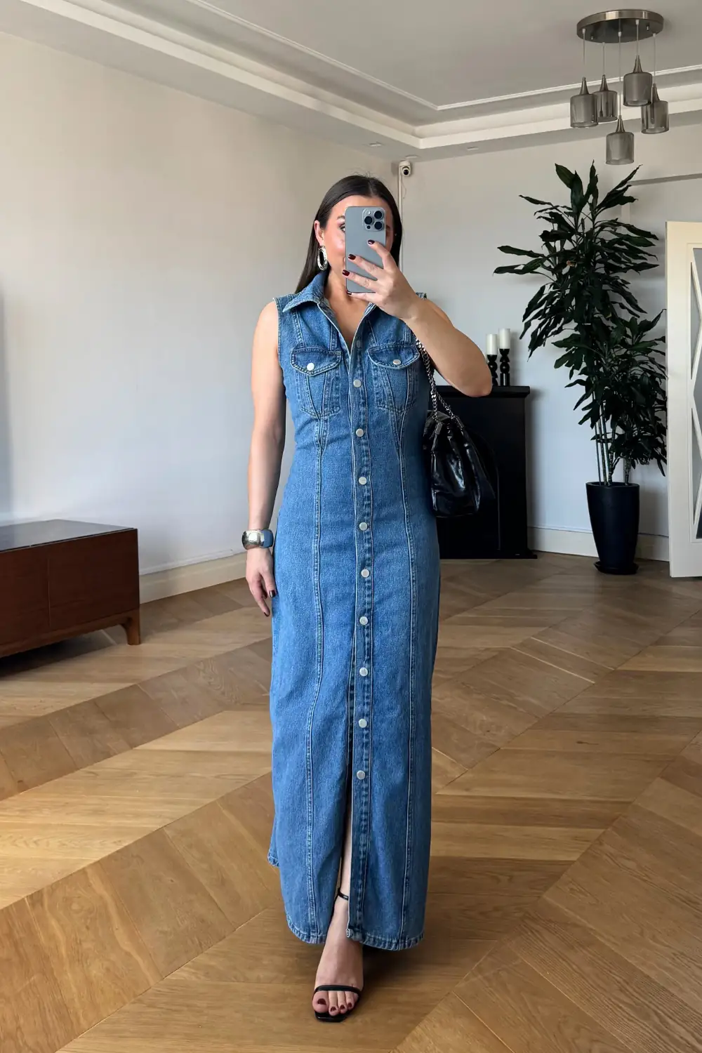Sıfır Kol Denim Uzun Gömlek Elbise 5