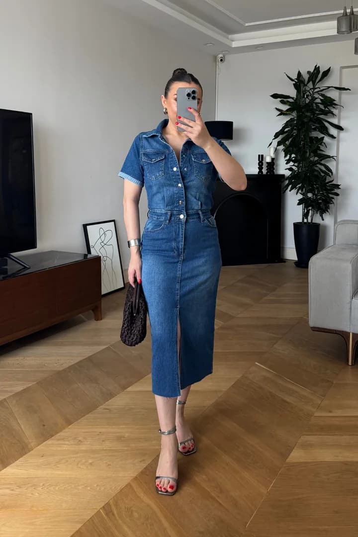 Kısa Kollu Midi Denim Elbise - MAVİ