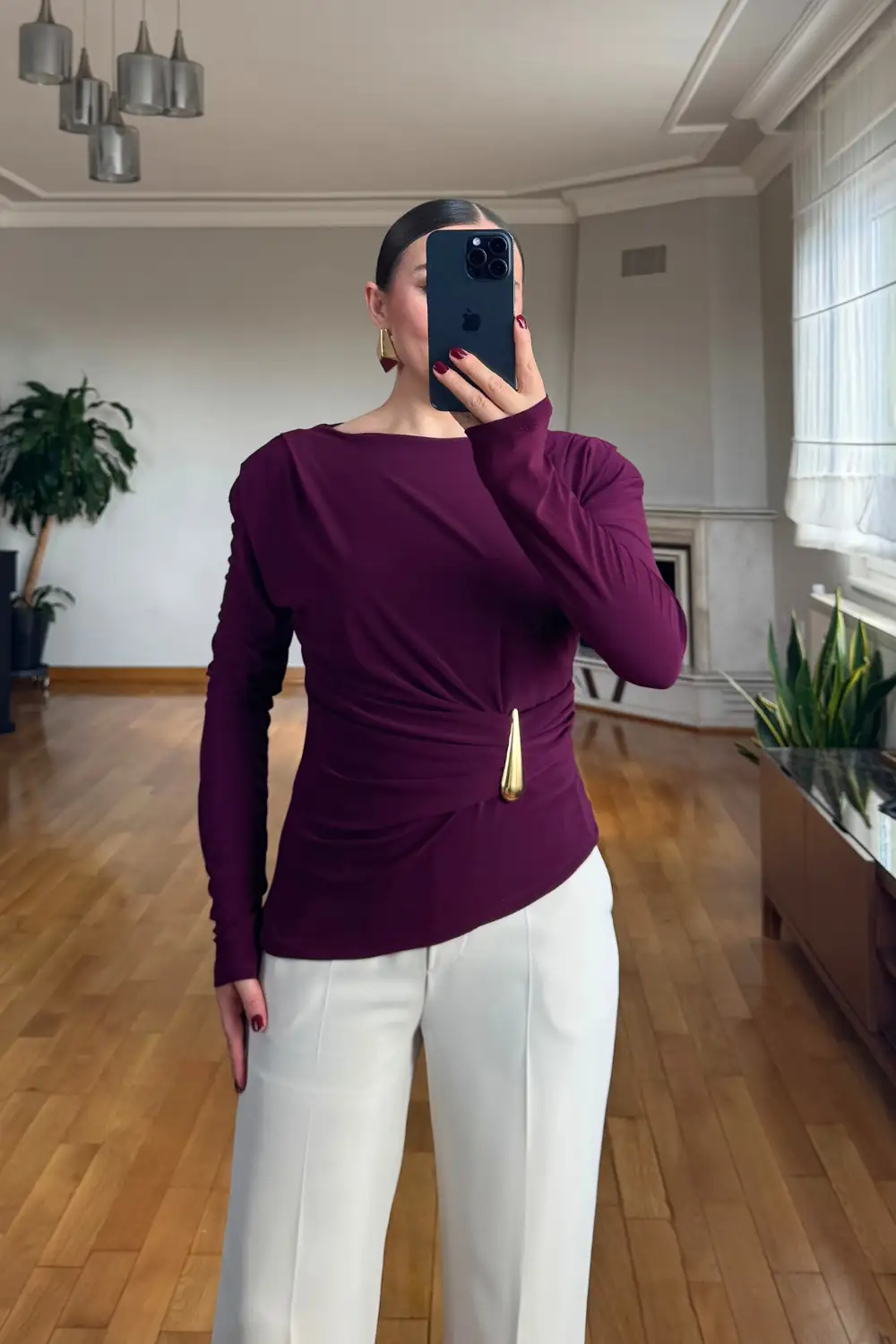 Vatkalı Drape Detaylı Uzun Kollu Bluz - Mürdüm