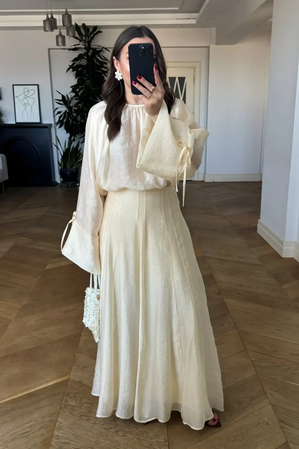 Büzgü Detaylı Bluz Etek Tencel Takım - Sarı