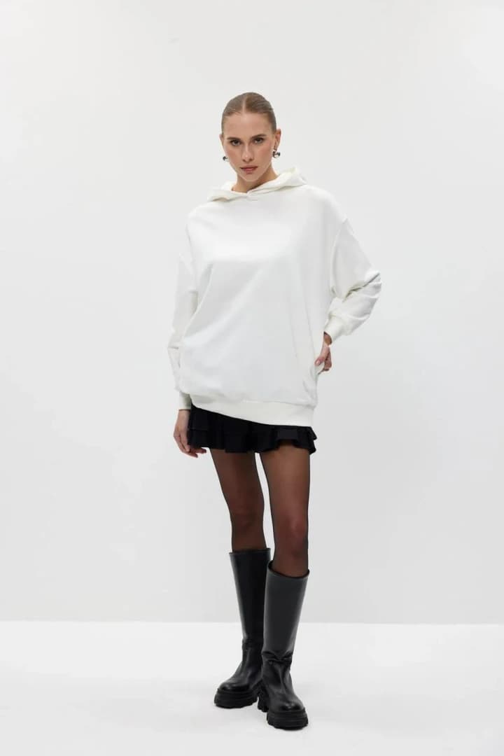 Basic Kapüşonlu Kadın Sweatshirt - Ekru