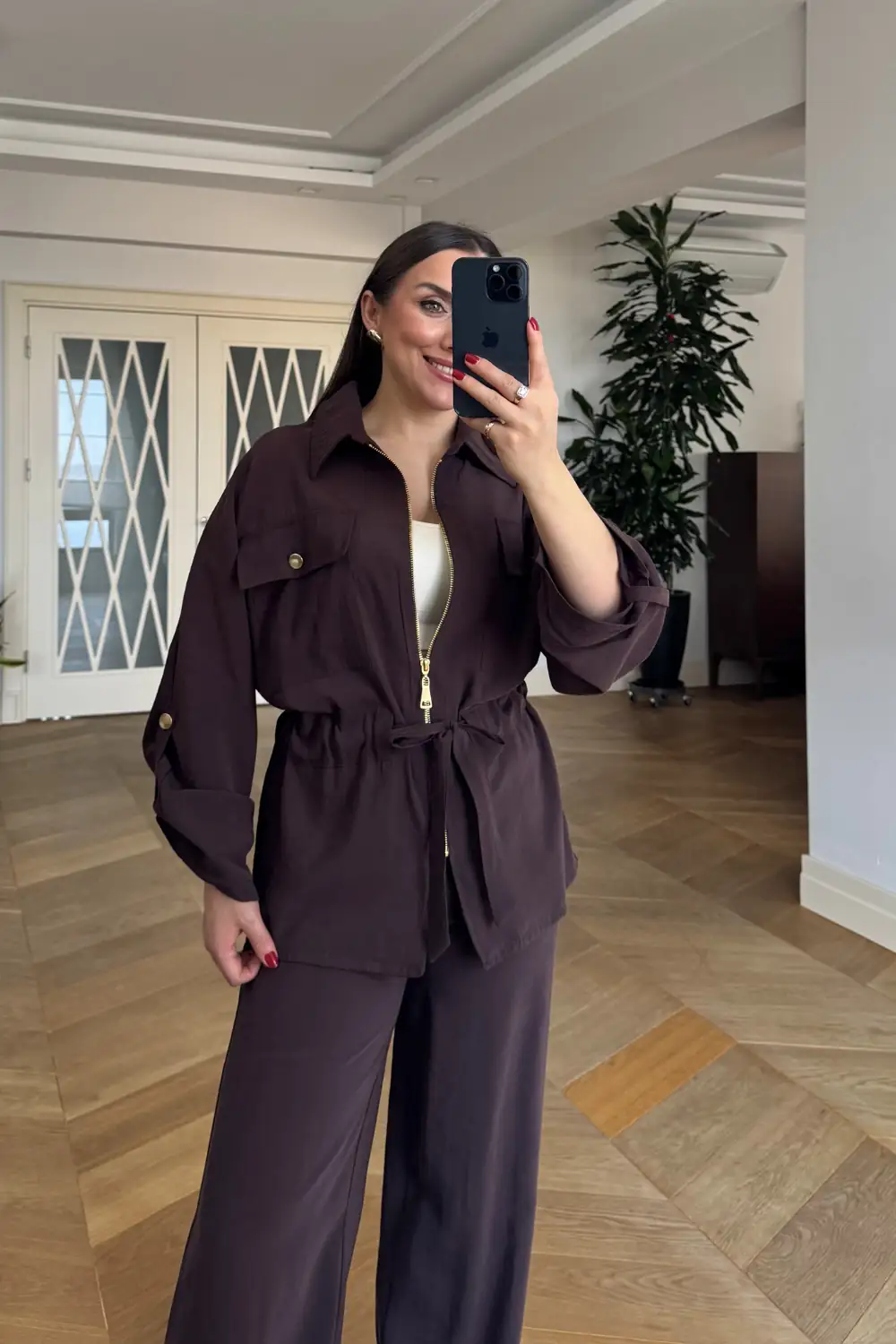 Modal Karışımlı Ceket Pantolon Kadın Takım - Kahverengi