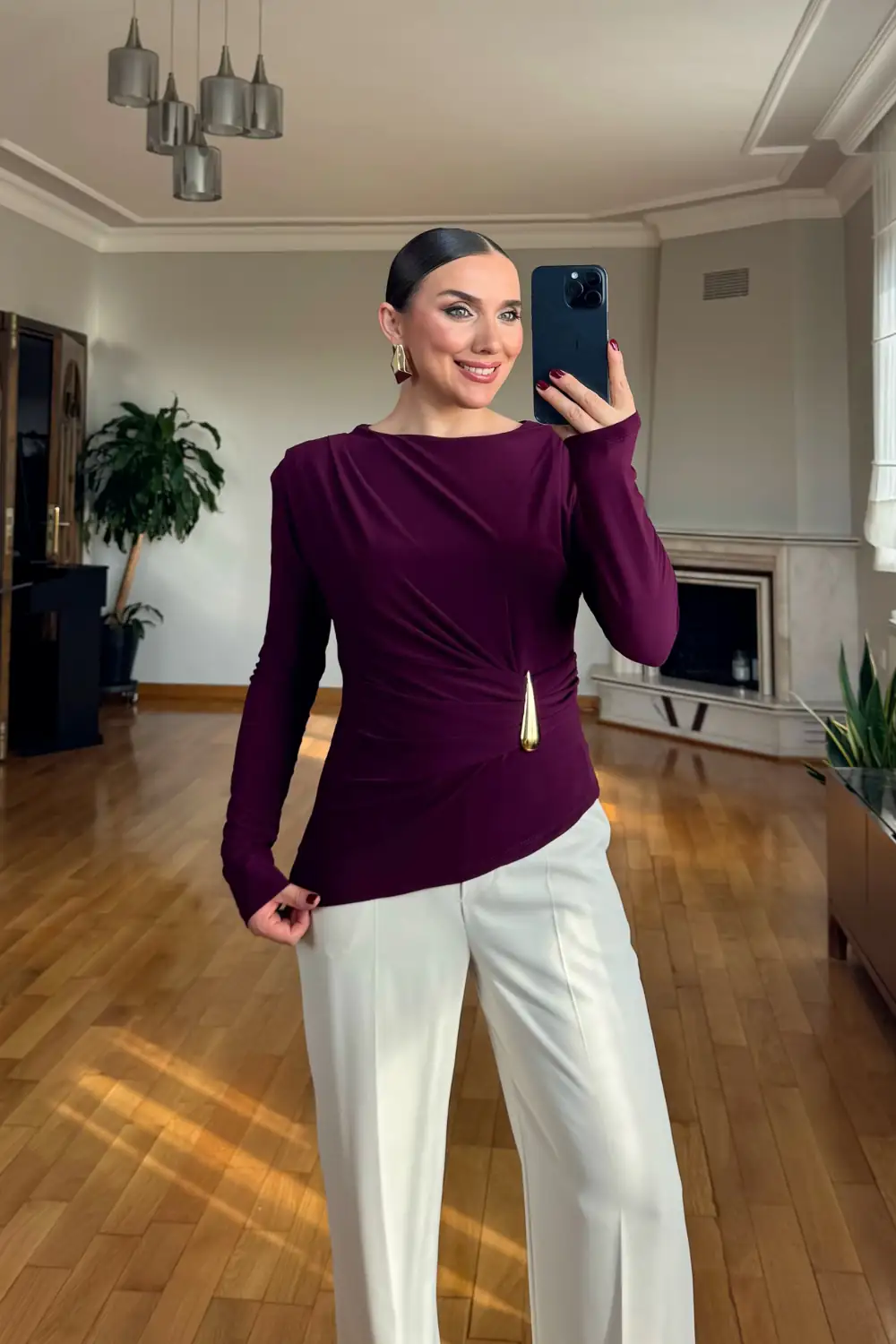 Vatkalı Drape Detaylı Uzun Kollu Bluz - Mürdüm