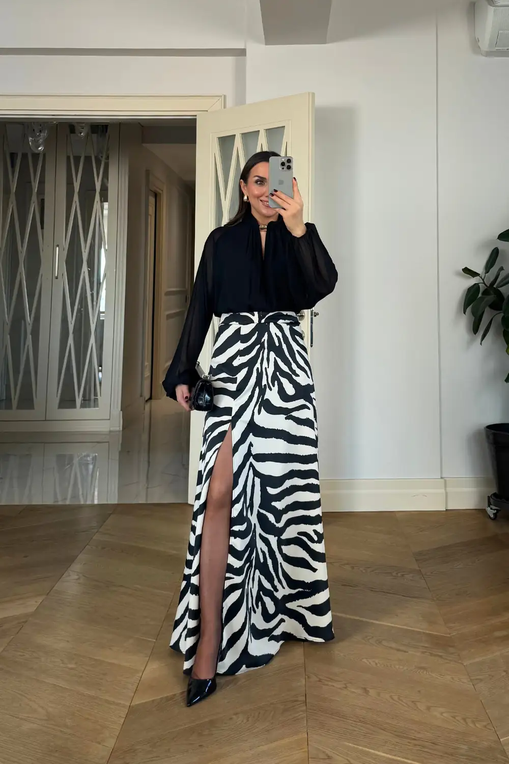 Zebra Desenli Yırtmaçlı Uzun Etek 2