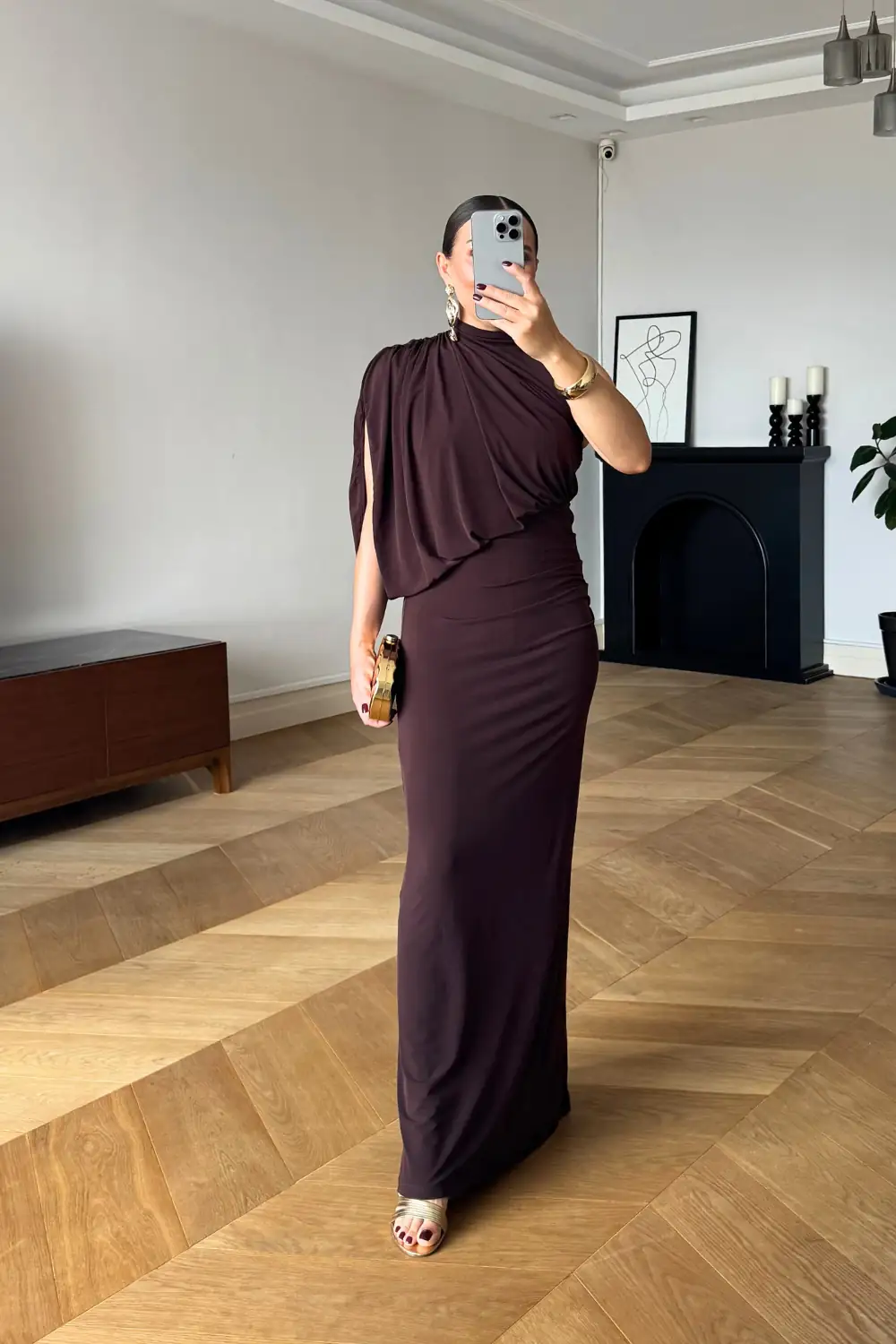 Tek Omuz Drape Detaylı Uzun Elbise 4