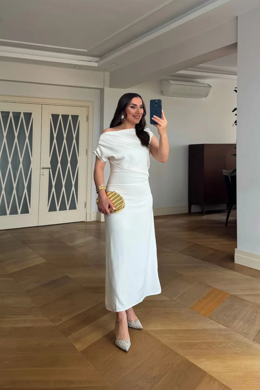 Kayık Yaka Drape Detaylı Midi Elbise - Beyaz