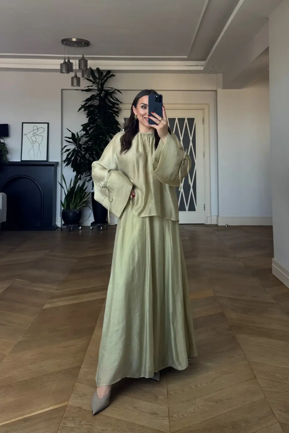 Büzgü Detaylı Bluz Etek Tencel Takım - Yeşil