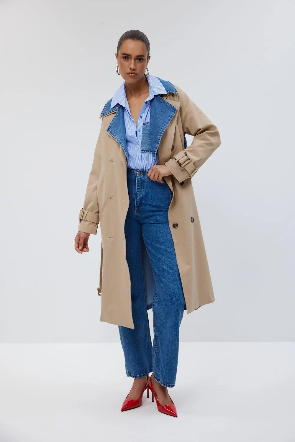 Kruvaze Yaka Denim Detaylı Kadın Trençkot 5