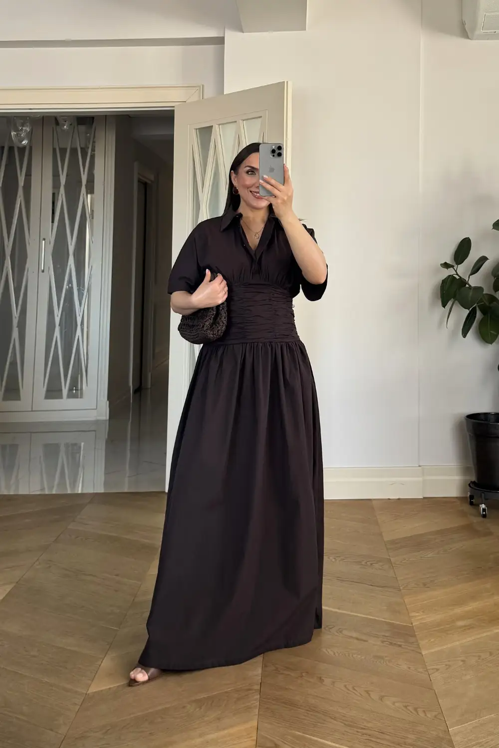 Gömlek Yaka Drapeli Uzun Elbise 5