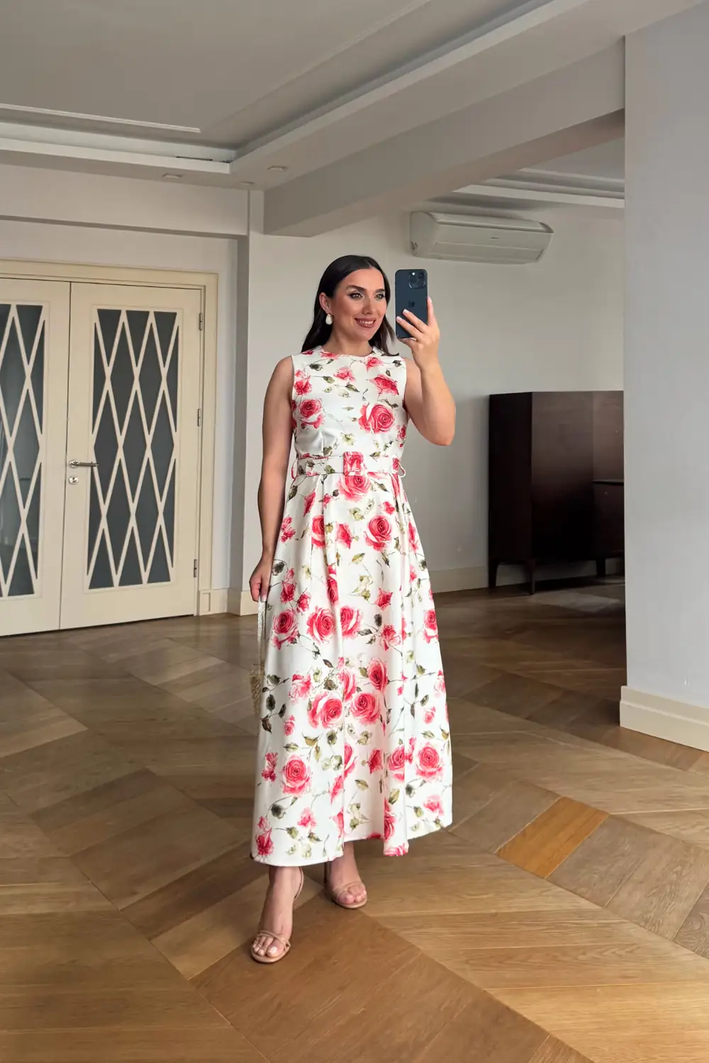Çiçek Desenli Kemerli Midi Elbise - Kırmızı