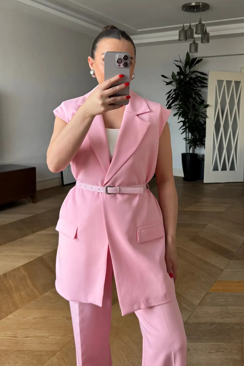 Kemerli Oversize Kadın Yelek - Pembe