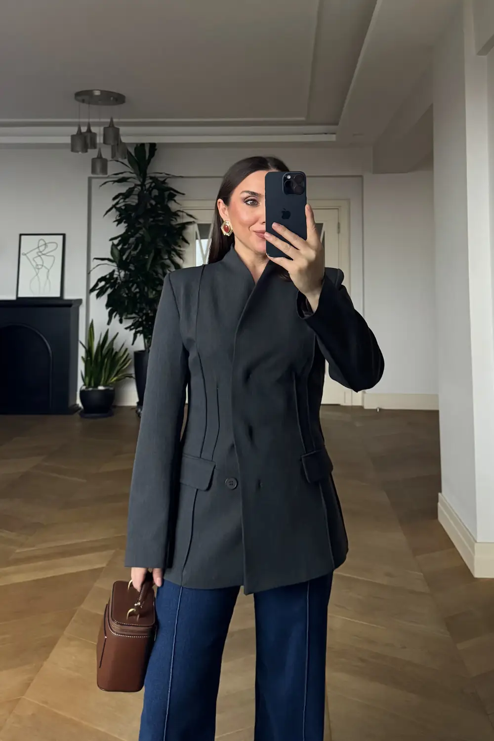 Yakasız Blazer Kadın Ceket - Antrasit