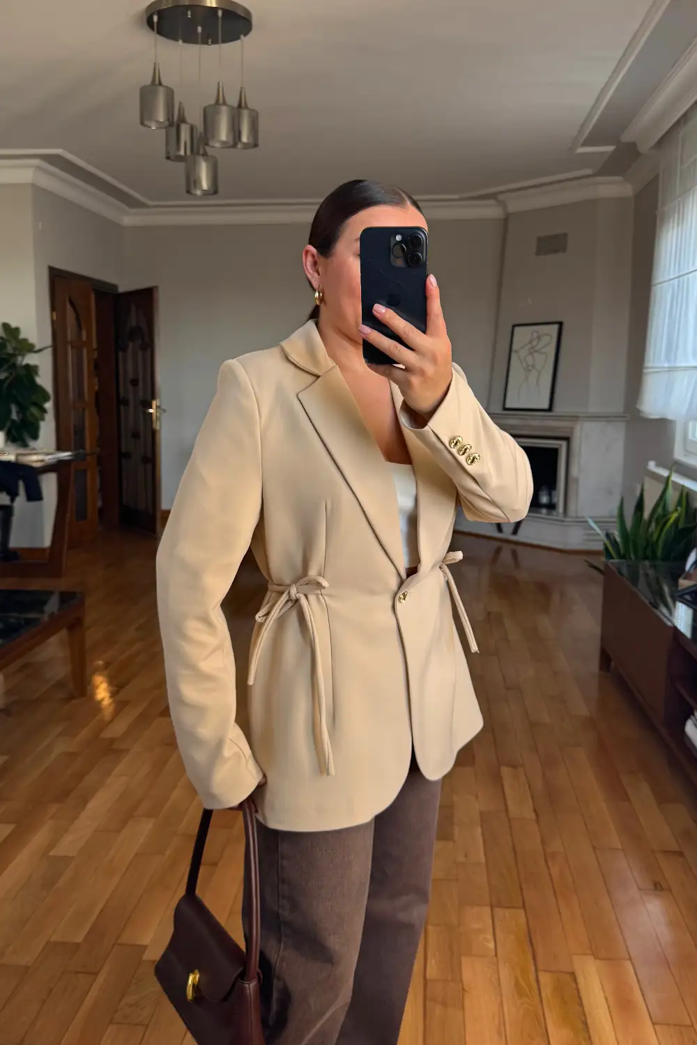 Bağlama Detaylı Blazer Kadın Ceket - Bej